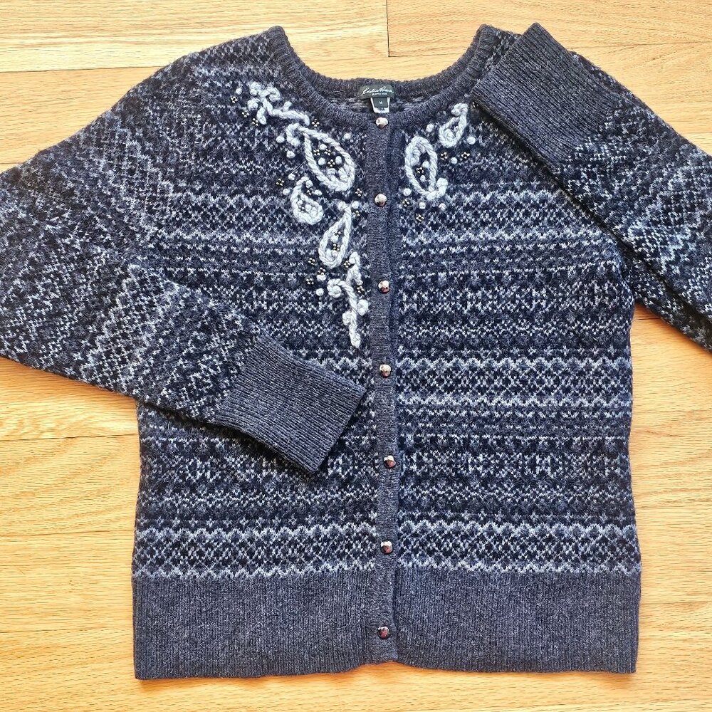 Eddie Bauer Womens Grey Fair Isle Lambs Wool Cashmere Cardigan Sweater Beaded M